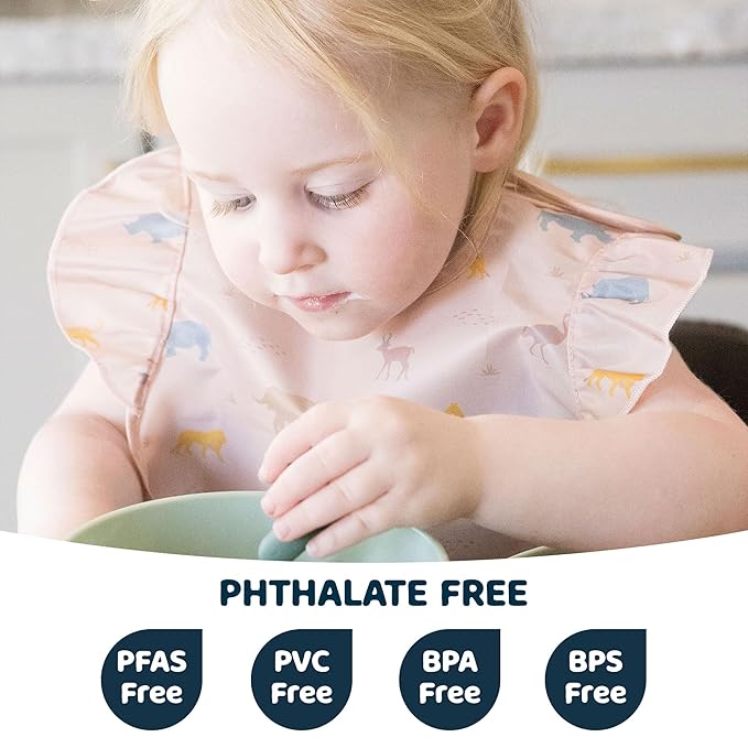 Tiny Twinkle Mess Proof Baby Bibs for Eating – Waterproof, Wipeable Toddler Bibs with Pocket – Baby Food Bibs for Girls & Boys(3 Pack,Petite Safari)