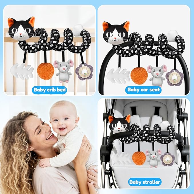 Car Seat Toys for Babies 0-6 Months,Hanging Rattle Toys for Crib Mobile, Baby Spiral Hanging Stroller Black and White High Contrast Toys for Newborn 0 3 6 9 12 Months Baby Boys Girls (Cat)