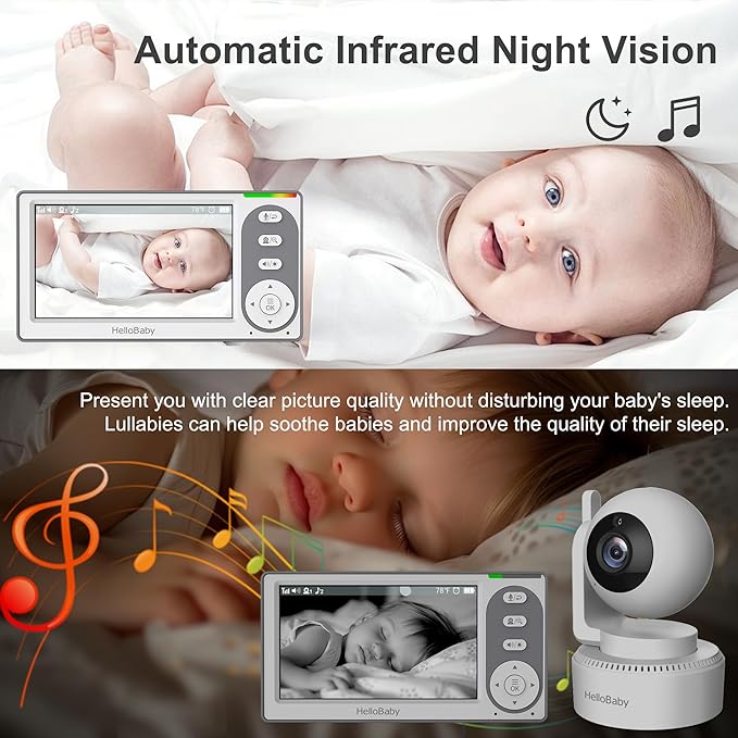 HelloBaby 4.3'' Video Baby Monitor with 30 Hours Battery, Remote Pan-Tilt-Zoom Baby Monitor No WiFi, Baby Monitor with Camera and Audio, Night Vision, ECO Mode, Two-way Talk, 8 Lullabies, 1000ft Range