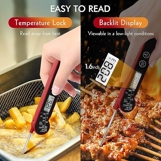 Meat Thermometer Digital with Backlight, Calibration & Hold Function, IP65 Waterproof Food Thermometer for Cooking, Outdoor Grilling, Candy Making