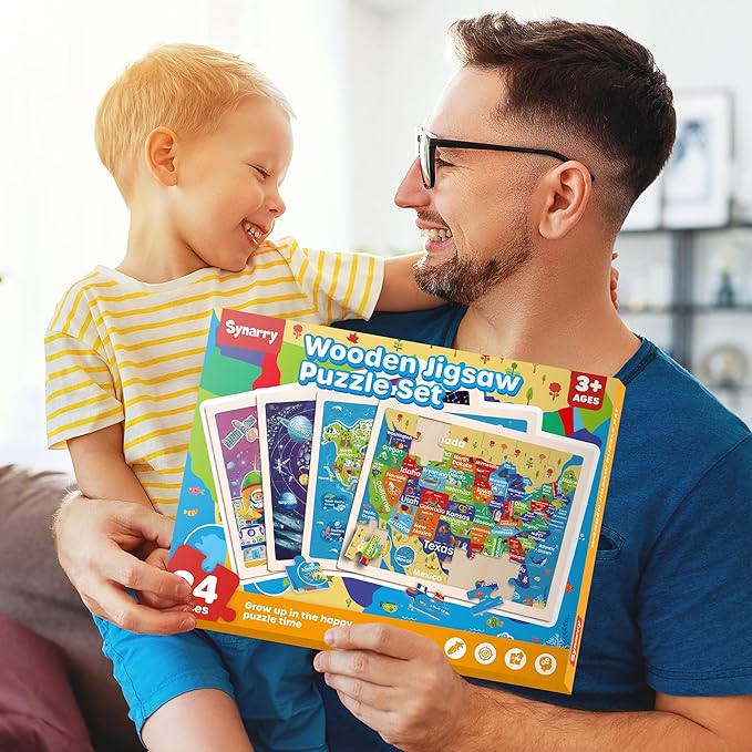 SYNARRY Large US World Earth Solar System Wooden Puzzles for Kids Gift Box(12.2*9.4 in) - FSC Certified, Puzzles for Toddlers 3-5, Puzzles for Kids Ages 4-6, Map Toys Gifts for 3 4 5 Year Old Boy Girl