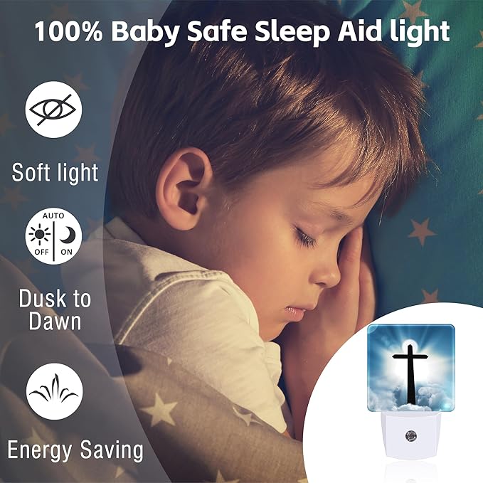 Cross and Blue Sky Night Light for Kids, Sun Cloud Heaven Night Light Plug in with Dusk to Dawn Sensor, 0.5w Energy Saving Sleep Friendly Nightlight for Hallway Stairway Kitchen Bedroom