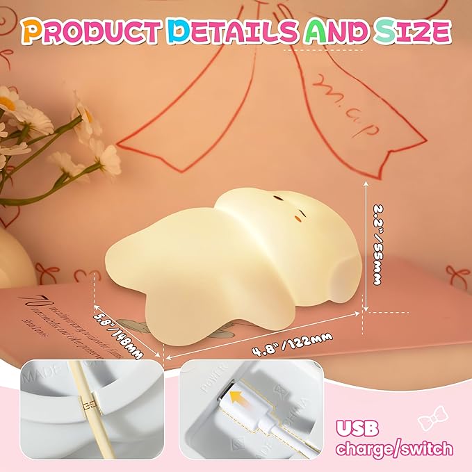 Night Light for Kids, Rechargeable Dimmable Silicone LED Nightlight with 7 Colors, Baby Nursery Night Lamp, Touch Squishy Lamp, Cute Gifts for Girls, Boys, Toddler Room Decor, Lying Dog