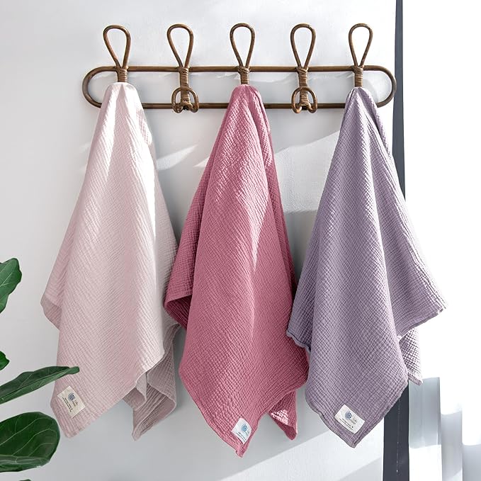 lulumoon Muslin Swaddle Blanket Baby - Cotton Swaddling Blanket Soft Baby Receiving Blankets Neutral 3Pack(Pink+Purple)