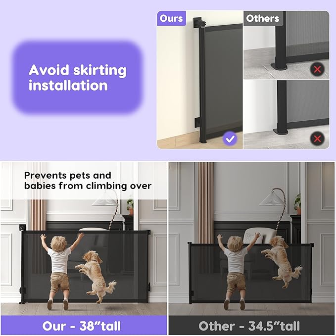 Retractable Baby Gate, Extra Tall Baby Gates for Stairs, Dog Gates for Doorways Safety Extends to 38x55in, Black