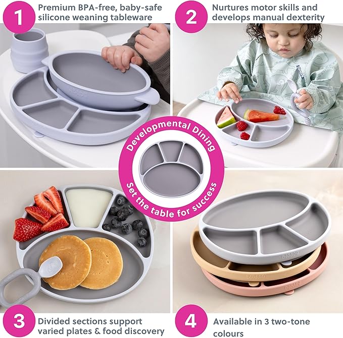 BIBaDO - Silicone Suction Divider Plate (Mist) - Toddler Plates - Help Develop Motor Skills - Durable, Dishwasher & Microwave Safe, BPA Free - Medical Grade - Baby Essentials - 6 Months to 3 Years