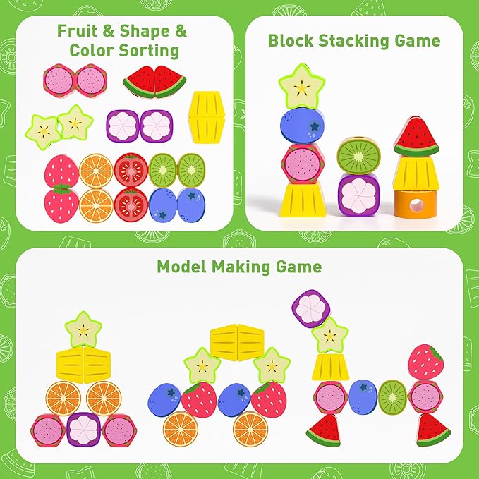 Montessori Toys for 3 4 5 Year Old, Wooden Fruit Toddler Stacking Toys, Stacking Blocks & Lacing Beads & Shape Sorter Toy for Toddler, STEM Preschool Learning Toys for Kids Boys Girls