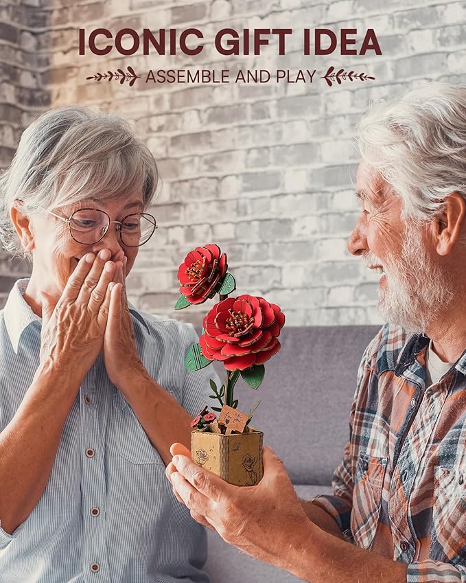 3D Flower Wooden Puzzles for Adults-Red Camellia, DIY Wooden Flowers Model Kit Building Set Crafts for Adults to Build, Botanical Collection/Ideal Creative Gift Ideas/Housewarming (113PCS)