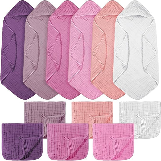 VitalCozy 12 Pcs Baby Muslin Hooded Bath Towels and Washcloths, 32 x 32 Inch Muslin Cotton Hooded Baby Towels Absorbent Hooded Blankets for Gift Newborn Infant Shower (Pink Purple Series)