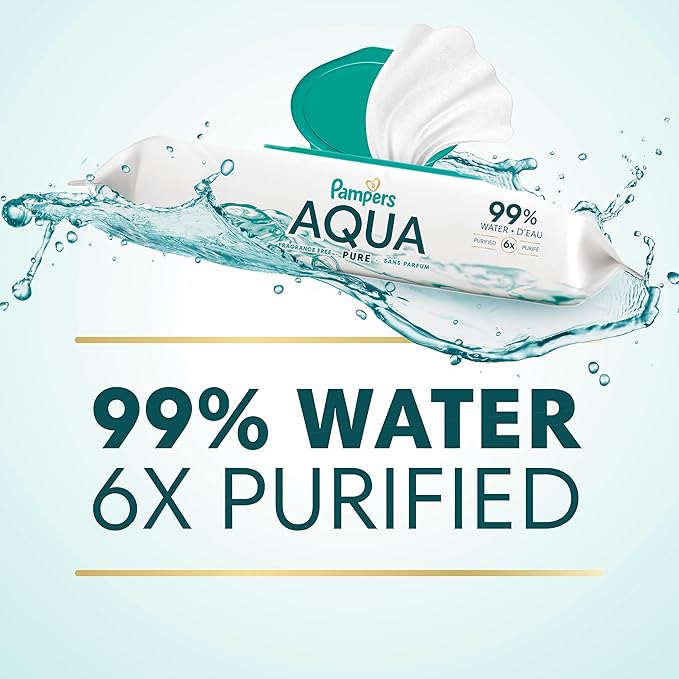 Pampers Aqua Pure Baby Wipes, 99% Water, Fragrance Free, 448 Baby Wipes Total (8X Flip-Top Packs) [Packaging May Vary]