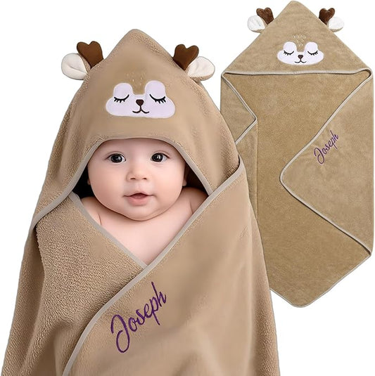 Personalized Baby Towels for Newborn Custom Embroidery Name Hooded Baby Bath Towels for Boy Girl Newborn Essentials Must Haves Shower Gift Soft Coral Velvet 30"x30" (Brown)