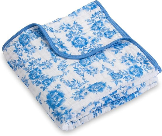 LollyBanks Muslin Baby Blanket 100% Organic Cotton, Muslin Quilt Lightweight, Muslin Blanket for Girls, 6 Layers Baby Blankets 47"x 47", Soft Nursery Receiving Blankets (Blue Peony Print)