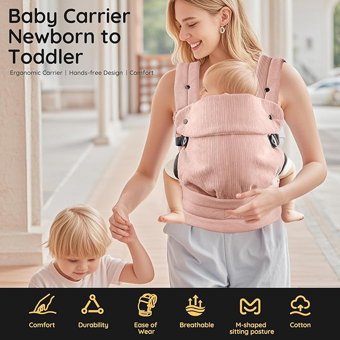 Baby Carrier Newborn to Toddler- Ergonomic,Cozy and Lightweight Infant Carrier for 7-40lbs,3 Carry Positions Newborn Carrier,Pink