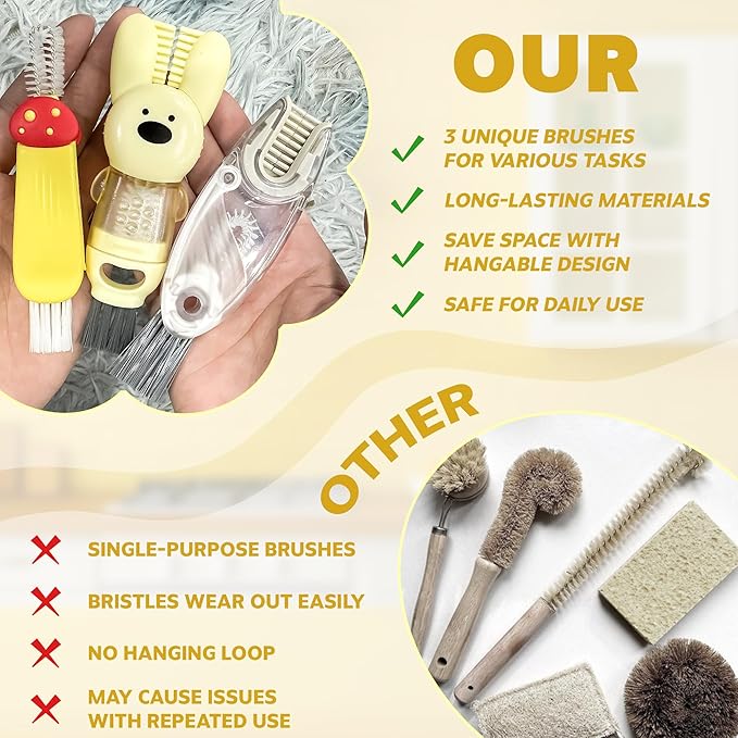 Cup Lid Cleaning Brush, Multifunctional Set with 3 in 1 Lid Cleaner and Two 4 in 1 Cup Lid Cleaning Brushes, Cleaning Brush Tool for Bottles, Straws, Tumblers, Travel Mug Caps, Portable Kit (Yellow)