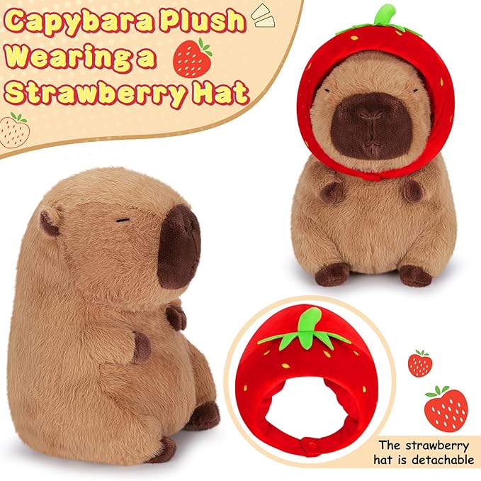 Achwishap Capybara Plush,Cute Plushies Capybara Stuffed Animal,Capybara Plush Toys,Kawaii Plush Stuffed Toy with Strawberry Hat Plushie Gift for Kids Adults Birthday(Capybara with Strawberry Hat,12”)