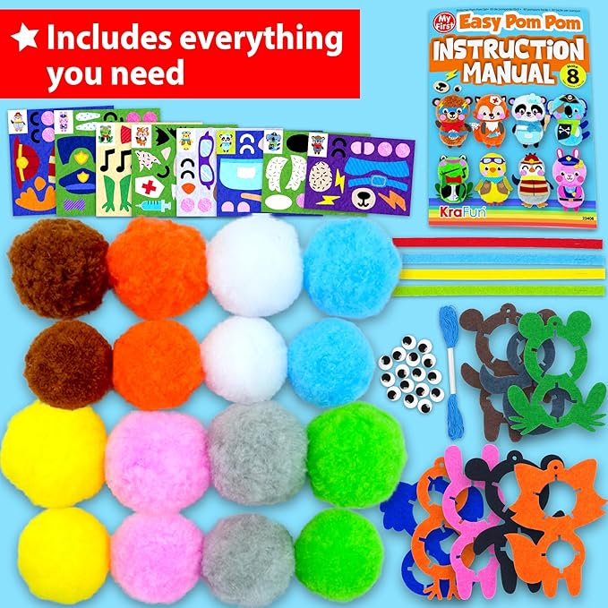 KRAFUN Easy Pom Pom Craft Kit for Kids, 8 Animal Crafts (Bear, Bunny, Panda), Felt Stickers, Instructions, Creative DIY Set for Girls and Boys, Educational Toy