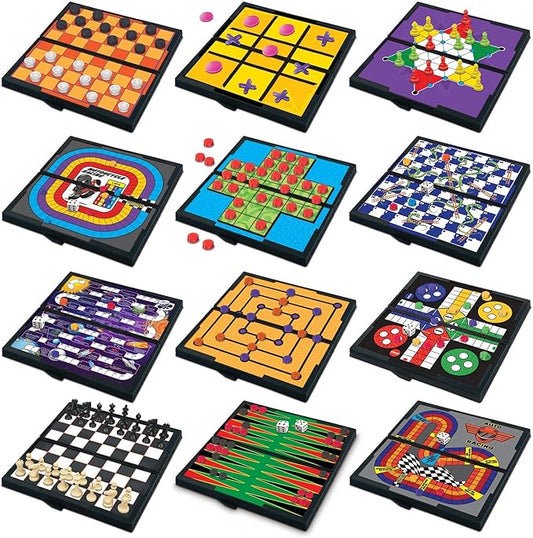 Gamie Magnetic Board Travel Games for Kids, Set Includes 12 Retro Fun Games - 5" Compact Design - Individually Boxed - Teaches Strategy & Focus, Great for Road Trip/Travel/Camping, Gift for Ages 6+