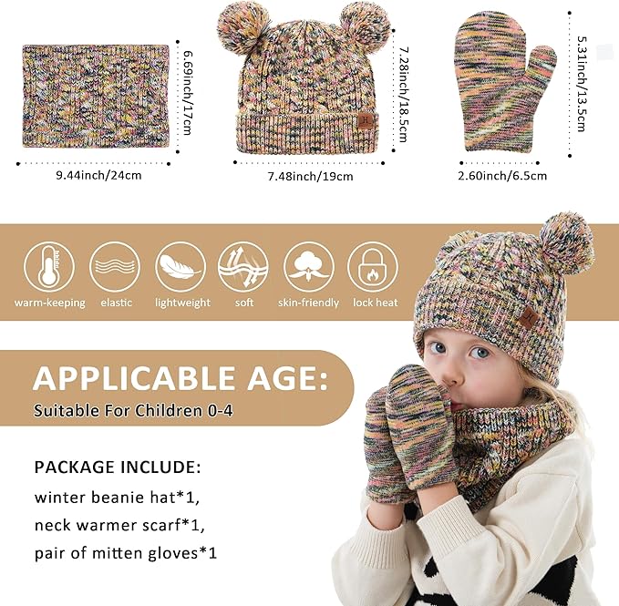 Kids Toddlers Winter Beanie Hats Gloves Neck Scarf Set Mittens Gifts for 0 6 12 Months 1 2 3 4-8 Year Old Baby Girls Boys