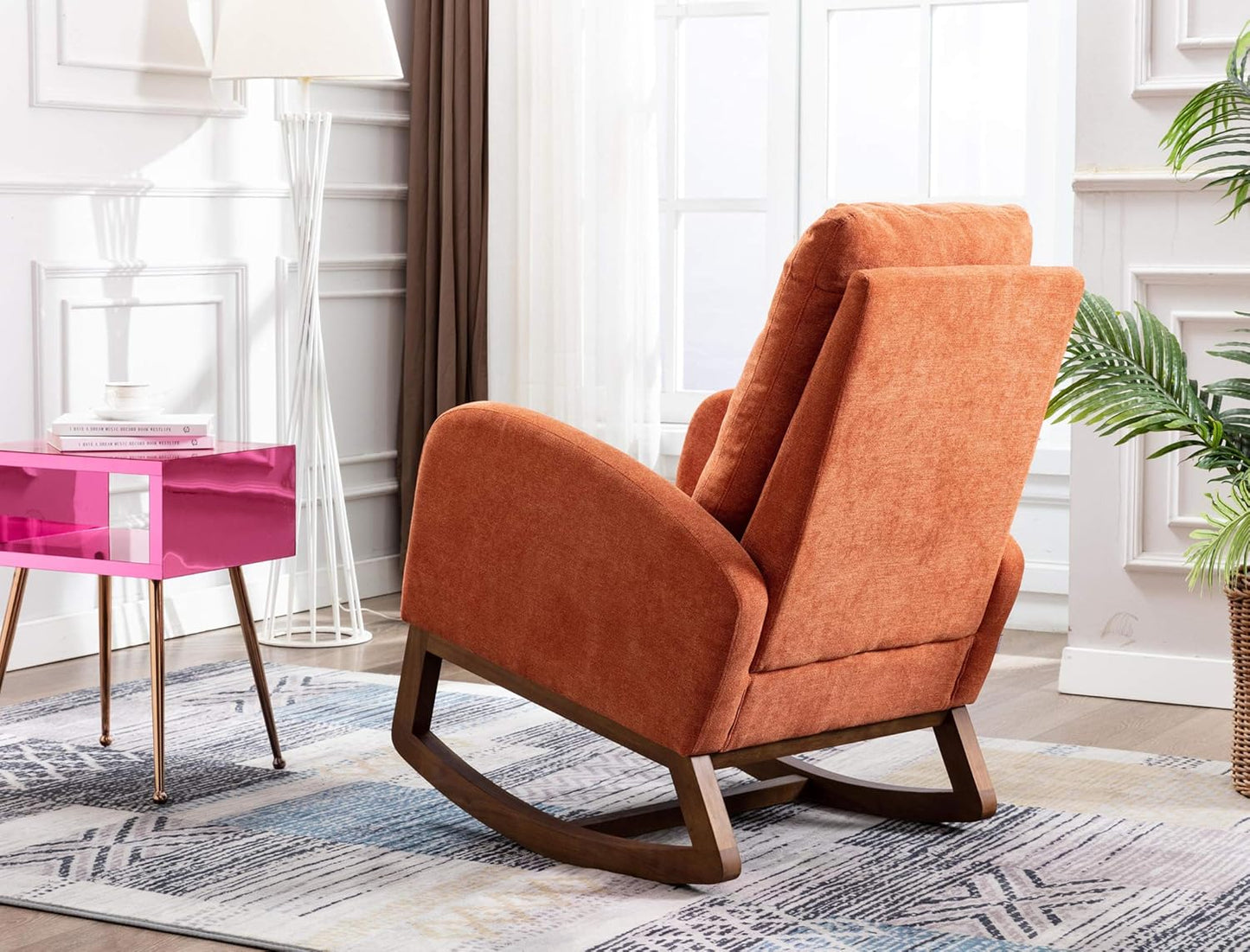 Dolonm Rocking Chair Mid-Century Modern Nursery Rocking Armchair Upholstered Tall Back Accent Glider Rocker for Living Room (Orange)