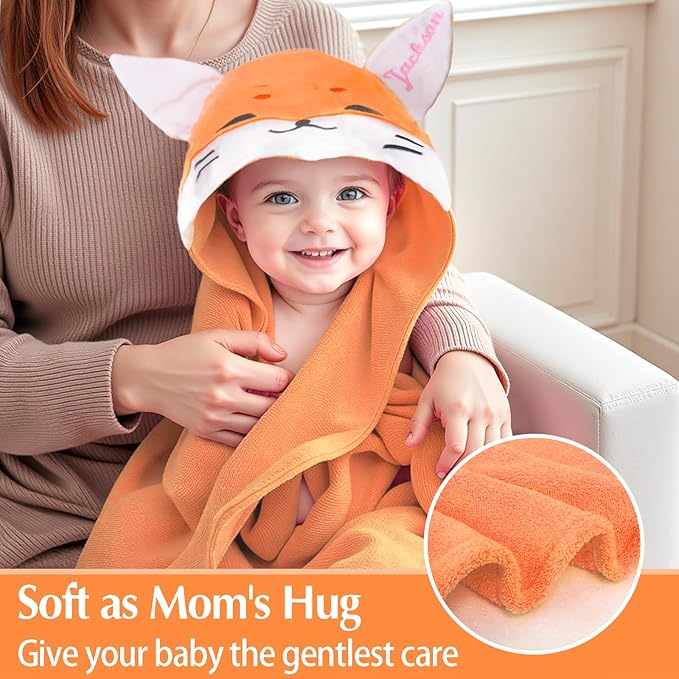 Custom Hooded Baby Towel with Name, Soft and Absorbent Customized Fox Toddler Towels, Baby Bath Towel for Boys and Girls, Easter Birthday Towel for Kids，Babies, Toddlers, Newborns Essential