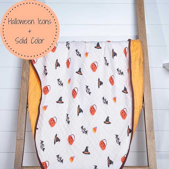 LollyBanks Muslin Baby Blanket 100% Organic Cotton, Muslin Quilt Lightweight, 6 Layers Soft Blanket Neutral, 47"x 47" Toddler Blankets for Girls and Boys (Pumpkin,Bat,Witch Hat/Halloween Print)