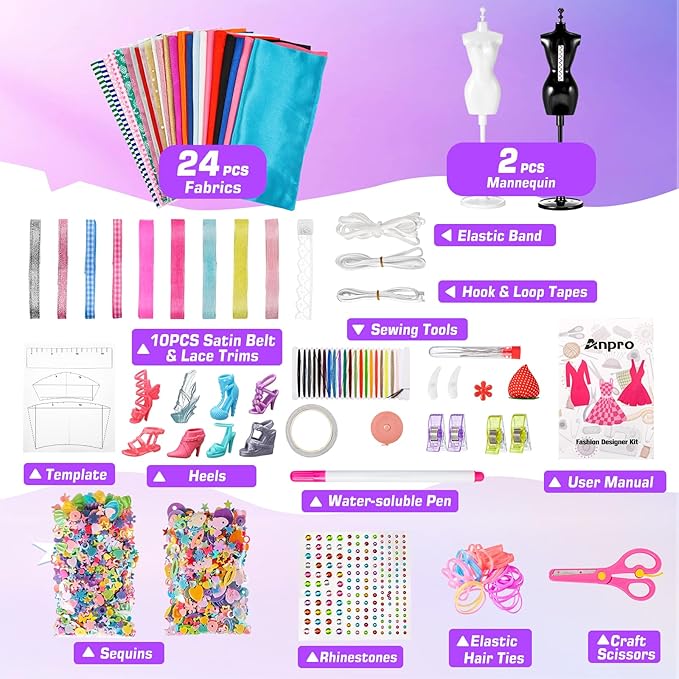 Anpro 650+Pcs Fashion Designer Kit for Girls with 2 Mannequins, DIY Arts & Crafts Kit for Girls Age 6-12 Toys, Doll Clothes Making Sewing Kit -Pink