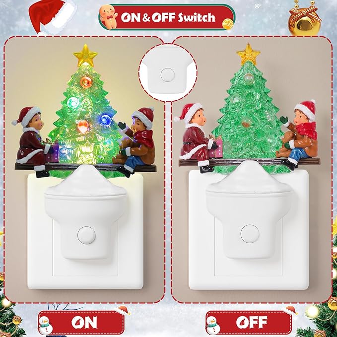 2 Pack Christmas Night Light Plug into Wall Nightlight with USB/Outlet Options, Christmas Tree Decorative Night Light for Bedroom Kitchen Nursery Holiday Decorations Gifts (Seesaw)