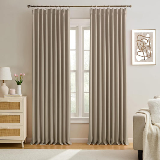 KEQIAOSUOCAI 60 Wide Pinch Pleated Window Curtain Panels 95 Inches Long Custom Made Pleated Curtains Hooks Track Privacy Memory Shape Drape for Living Room,Khaki, Set of 2=120 Inch Wide
