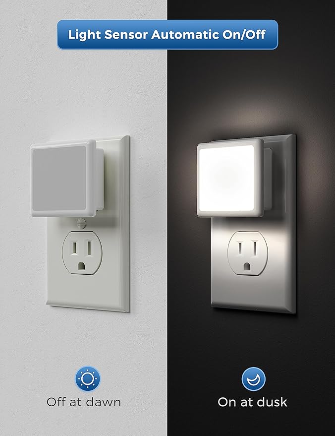 L LOHAS LED Night Lights Plug into Wall 2-Pack, 0.3W Plug in Night Light, Dusk to Dawn, 5000K Daylight White Bright Nightlight Auto-On/Off for Adults Kids Room Bedroom Bathroom Hallway Kitchen Non-Dim