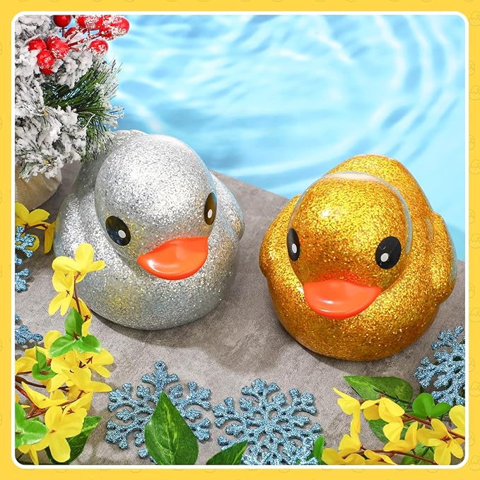 Honoson 2 Pcs 6.89 Inch Giant Glitter Rubber Ducks Big Sparkly Rubber Ducks Jumbo Bathtub Toys with Squeaky Sound for Baby Shower Pool Activity Birthday Gift(Glitter,Gold, Silver)