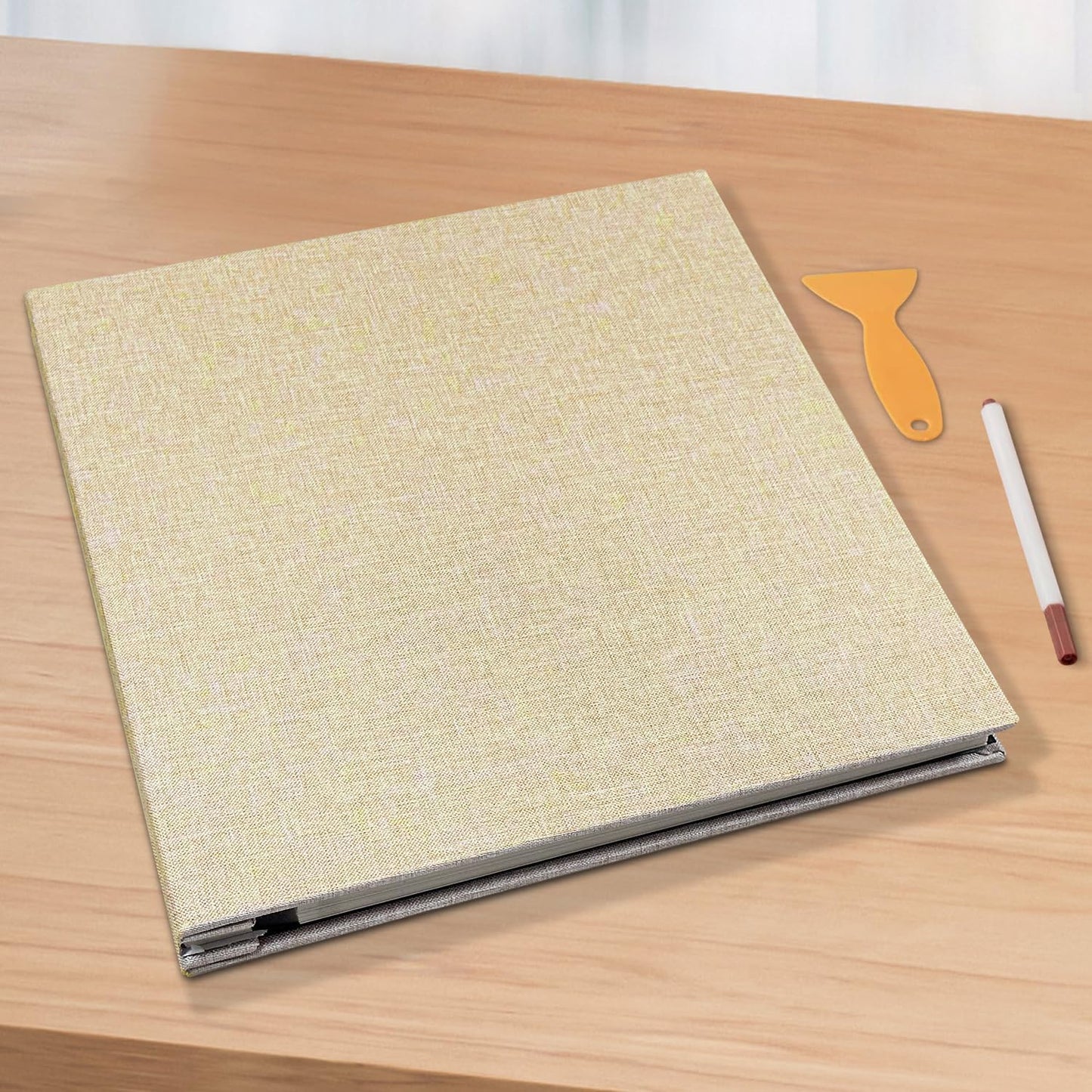 Large Photo Album Self Adhesive Scrapbook Album for 4×6 8×10 Pictures DIY Magnetic Linen Cover Album 60 Pages for Family Wedding Gifts with Metal Pen and Plastic Board