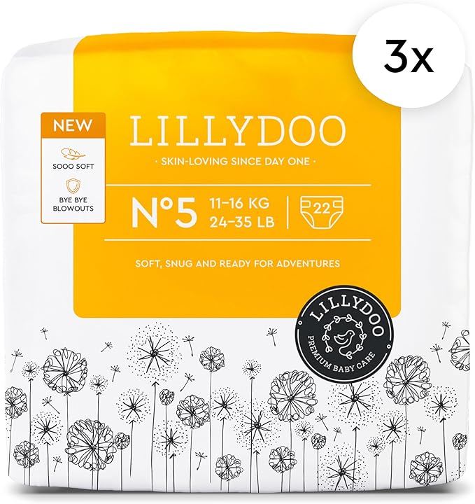 LILLYDOO Baby Diapers - Size 5 (24-35 lbs), Half-Monthly Supply (66 Count), Leak Protection, Skin-Friendly, Ultrasoft, Perfume- & Chlorine-Free, Hypoallergenic, Dermatologist Tested, Oeko-TEX®
