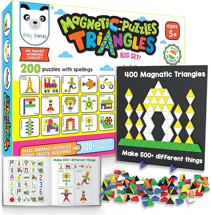 Magnetic Tangram Puzzles Toys for Kids | 400 Magnet Triangles Shapes with 200 Patterns Booklet, Board & Display stand | STEM Educational and learning Games for Ages 4 5 6+ Years|Gifts for Girls & Boys