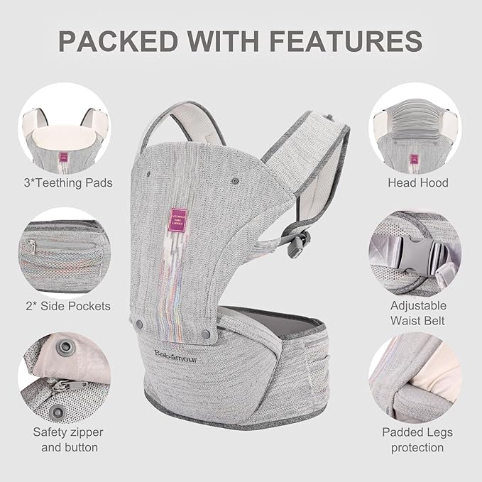 Bebamour Baby Carrier Newborn to Toddler with Hip Seat Baby Carrier Front and Back Carry Carrier with Head Hood, 3 PCS Teething Pads,Storage Bag (Gray-Knit)