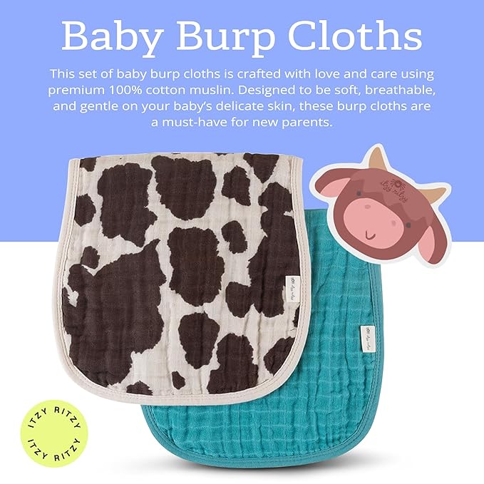 Itzy Ritzy Set of 2 Baby Burp Cloths – Ultra-Soft Absorbent Burping Cloths for Babies - Made of 100% Cotton Muslin and Generously Sized with Trendy Coordinating Prints – Machine Washable (Cow Print)