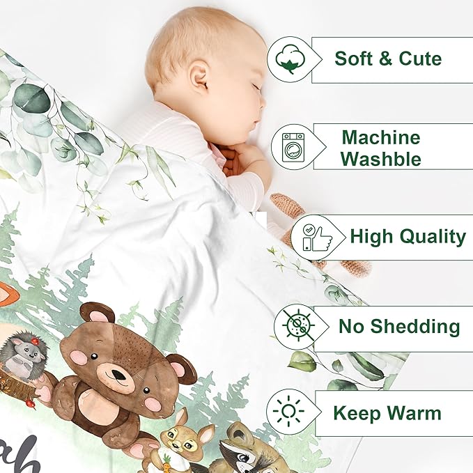 J&SBGFT Personalized Baby Blanket for Boys,Custom Baby Blanket with Name, Customized Name Blanket Receiving Blankets for Toddlers Kids Nursery Stroller Crib Decor Throw,Woodland Animal
