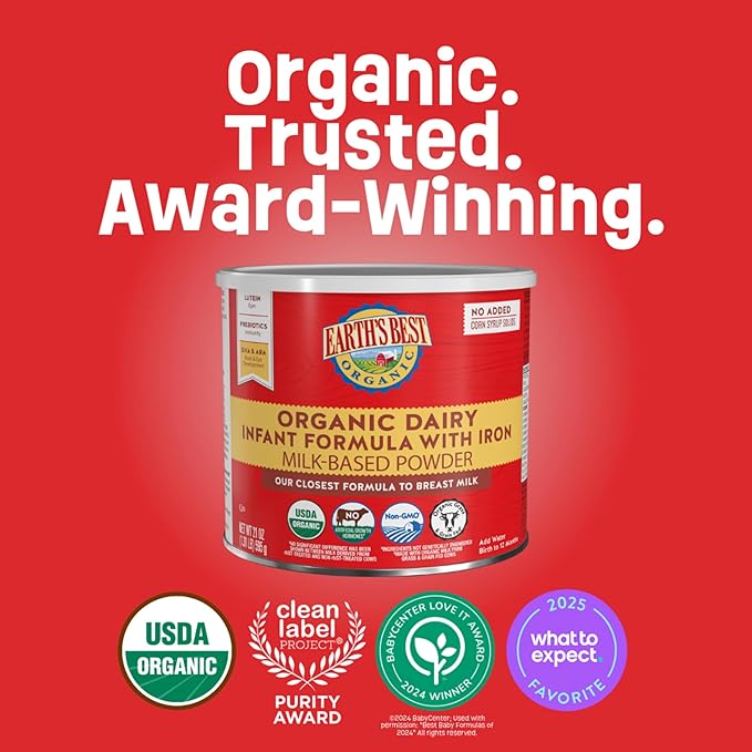 Earth's Best Organic Dairy Infant Formula for Babies 0-12 Months, Milk-Based Powder Formula with Iron, Omega-3 DHA, and Omega-6 ARA, 21 Ounce Container