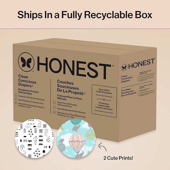 The Honest Company Clean Conscious Diapers for Sensitive Skin, Up to 100% Leakproof Hypoallergenic Fragrance-Free Baby Diapers, Gender Neutral Prints, Super Club Box, Size 1 (8–14 lbs), 136 Count