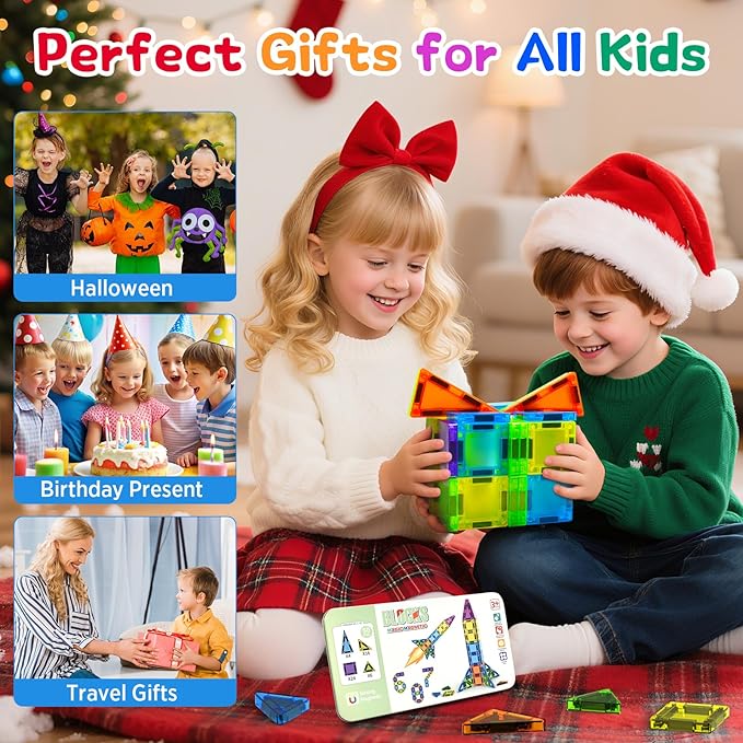 50PCS Mini Magnetic Tiles Travel Toys for Kids Ages 3+, Portable STEM Magnetic Blocks with Storage Tin, Montessori Educational Sensory Toy, Gifts for Boys & Girls, Airplane Car Travel Toys