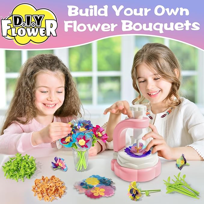 Mini Fabric Flower Press Sewing Machine Toy Kit for Kids Beginners, DIY Paper Bouquets Manual Sewing Kit, Creative Arts & Crafts Making Toy Gift for 4-8 Year Old Girls Boys