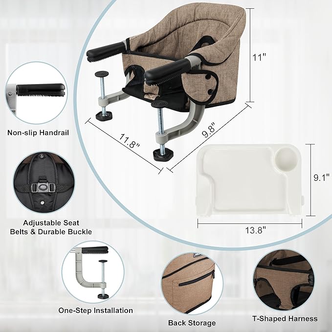Clip-On High Chair with Removable Dining Tray for Babies and Toddlers, Fold-Flat Storage Portable Baby Feeding Seat, Attach to Fast Table Chair for Home Travel (Brown)