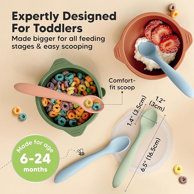 KeaBabies Silicone Baby Spoons, Self Feeding 6-12 months - 3-Pack Baby Weaning Eating Utensils, Toddler First Food Training Spoon, Infant, Kids Feeding Supplies Essential Set, Dishwasher-safe (Mellow)