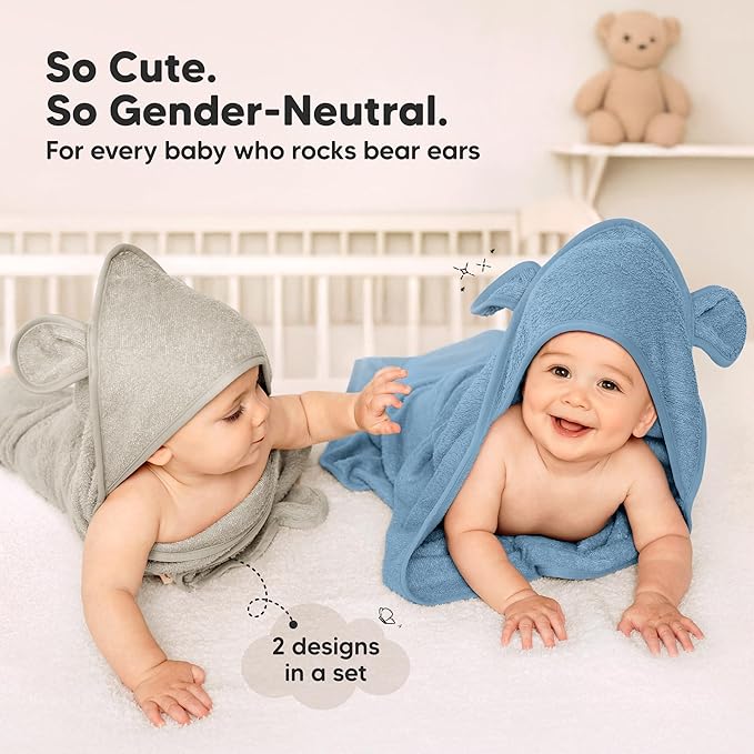 KeaBabies 2-Pack Hooded Baby Towels for Newborn - 30x30 Soft & Absorbent Viscose from Bamboo Baby Bath Towels with Hood for Infant, Toddler,Kids,Boys Girls,Newborn Bath Essentials (Steel, Petite)