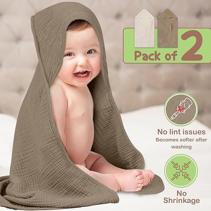 Organic Cotton Muslin Baby Hooded Towels - 32x32 Inch, 2 Pack Newborn Bath Towels for Boys & Girls, Soft & Absorbent Bath Set (Olive/Ivory)