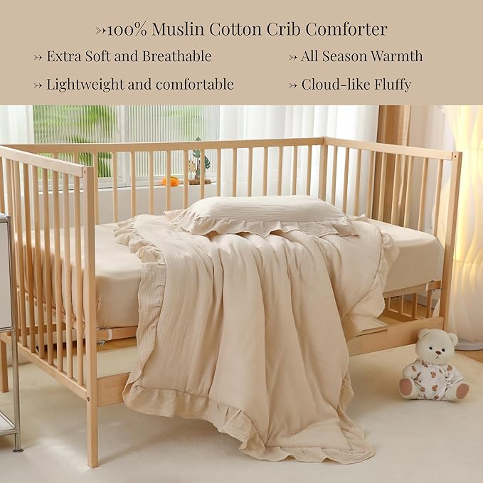 100% Cotton Muslin Crib Comforter/Quilt,Ultra Soft Cozy Reversible Baby Blanket,All Season Toddler Blankets for Boys and Girls, Machine Washable,41"x48"