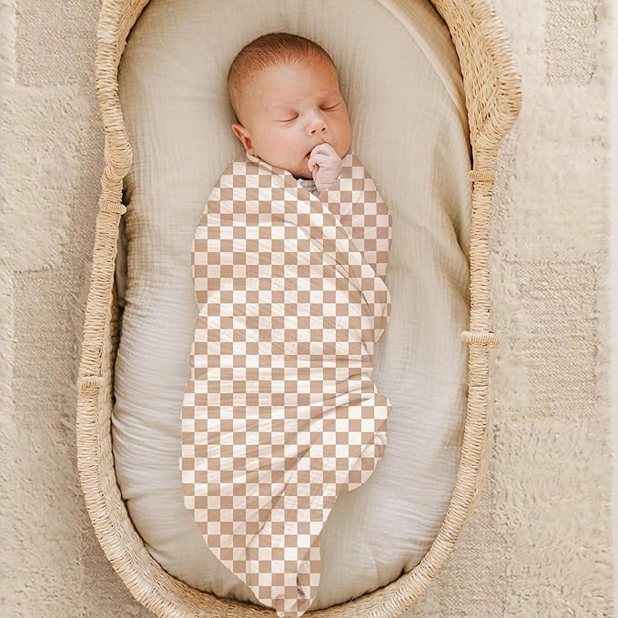 Konssy Muslin Swaddle Blankets for Girls Boys, 2 Pack Receiving Baby Blanket Large 47 x 47 inches, Soft Breathable Swaddling Wrap for Unisex Newborn (Coffee Check,Moon)