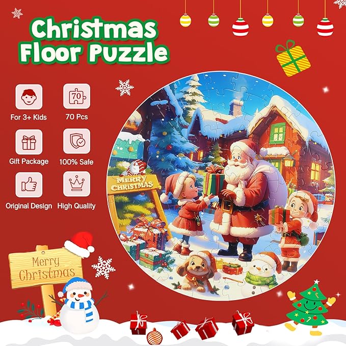 Christmas Puzzles for Kids Ages 4-6, Large Round Floor Puzzles with Santa Claus & Snowman, 70 Piece Jigsaw Puzzles for Boys & Girls Aged 3-8, Educational Toy Gift