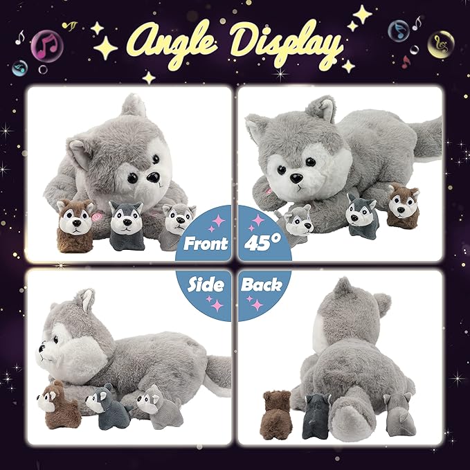Hopearl LED Musical Stuffed Husky Lighting Up Singing Plush Toy Playset Mommy Dog with 3 Baby Puppies in her Tummy Lullaby Animated Soothe for Mom Toddler Girls, Gray, 17''