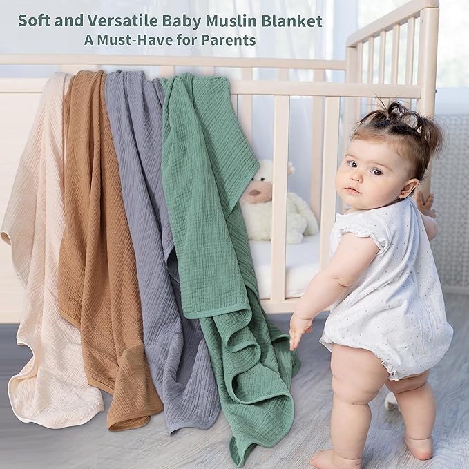 Muslin Swaddle Blankets for Newborn, 2 Pack Breathable Soft Receiving Blanket, Large 41 x 41 inches Swaddle Wrap Burping Clothes, Essentials Infant Shower Items. (Beige & Green)