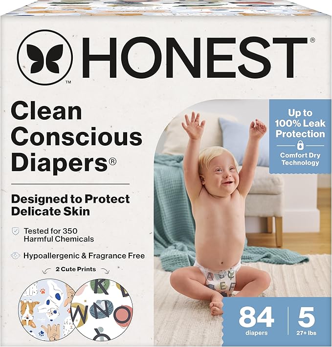 The Honest Company Clean Conscious Diapers for Sensitive Skin, Up to 100% Leakproof Hypoallergenic Fragrance-Free Baby Diapers, Gender Neutral Prints, Super Club Box, Size 5 (27+ lbs), 84 Count